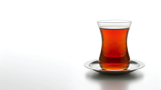 Refreshing amber colored hot tea in traditional curved glass on saucer white background with soft shadows and copy space.