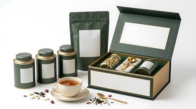 A mockup of tea packaging and accessories arranged on a table with a cup of tea.