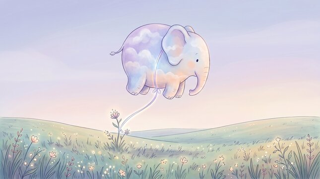 Surreal Elephant with a Balloon-Shaped Body Floating, Whimsical Fantasy Illustration