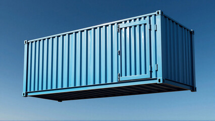 Fototapeta premium Blue Cargo Shipping Container Suspended in Clear Sky