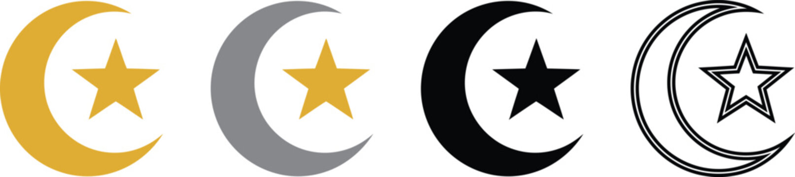 Four crescent moon and star icons in gold silver black and outline styles