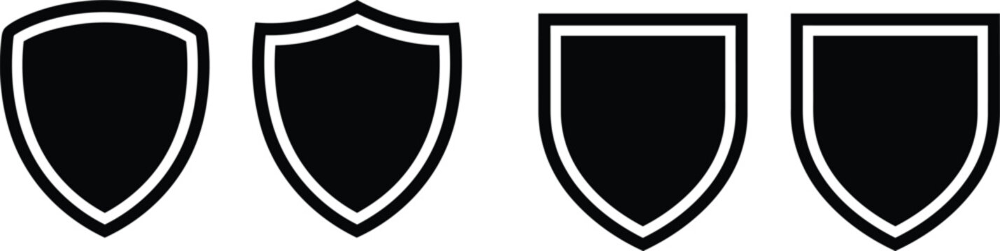 Four black shield icons with white outlines security and protection symbols