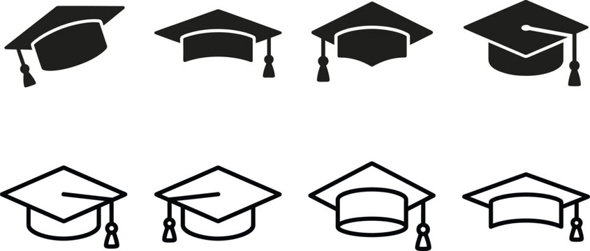 Graduation cap icons set solid and outline styles for education and academic designs