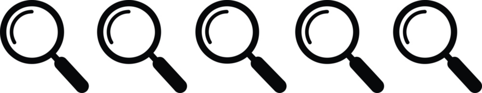 Five black magnifying glasses in a row investigation and search concept