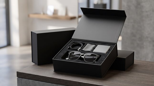 A mockup of a black watch box with glasses and accessories on a wooden table indoors
