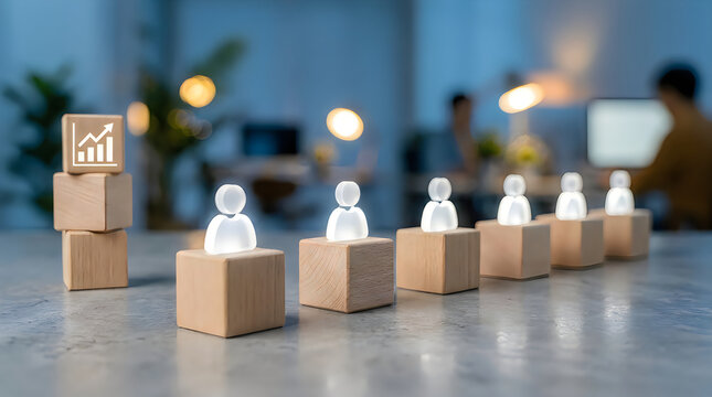 Figurines representing people on cubes with growth chart icon on stacked blocks, business human resources concept.