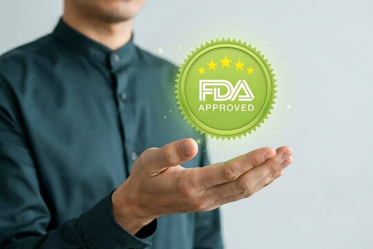 Man holding a glowing fda approved seal representing health and safety compliance standards
