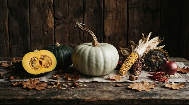 Autumn harvest display featuring various pumpkins colorful corn stalks dried leaves nuts dark wooden background rustic table arrangement seasonal celebration thanksgiving kitchen decor.