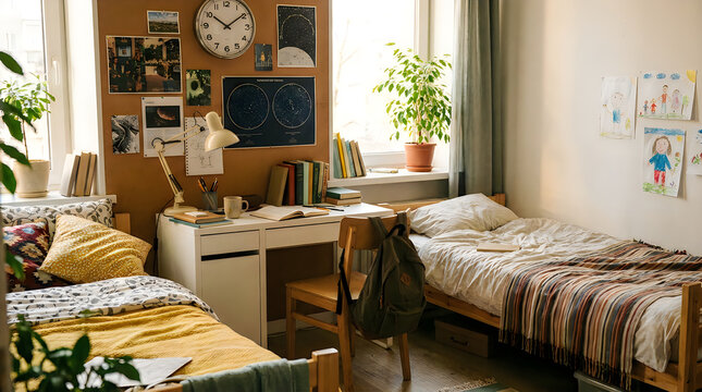 Cozy dorm room with two beds, a desk and study materials, decorated with posters and plants, natural light filling space.