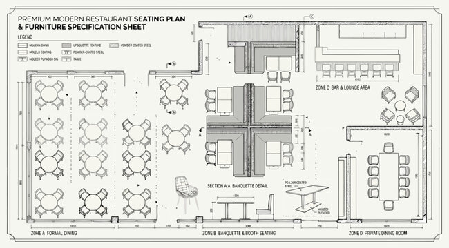 Premium modern restaurant seating plan and furniture specification sheet