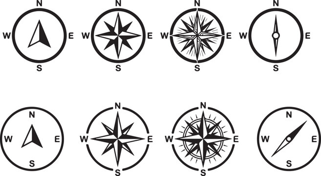 Eight black compass rose illustrations isolated on transparent background
