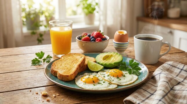 Healthy morning meal served on wooden table including fried eggs toast avocado slices juice berries cup of coffee steam rising from beverage breakfast spread bright kitchen atmosphere.