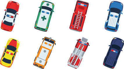 Flat Vector Icon Set of Emergency Service Vehicles Top View Isolated on White Background © Raju