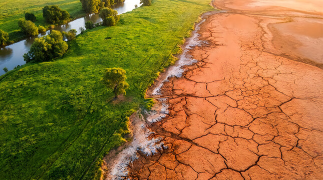 Aerial view showing stark contrast between lush green riverside landscape and arid cracked dry desert earth representing environmental change and global climate change impact.
