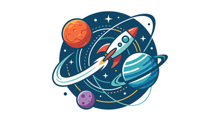 Retro rocket ship blasting off into colorful starry galaxy with planets © jono