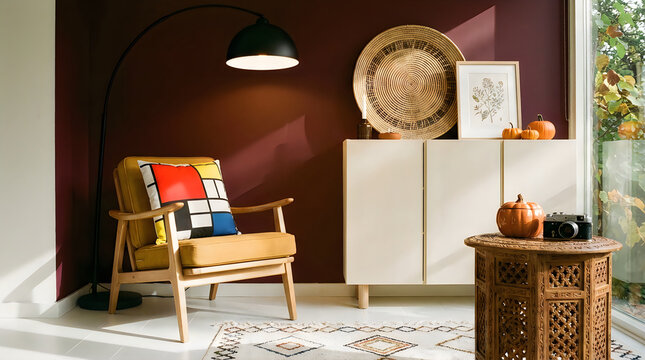Cozy modern living room corner with armchair, floor lamp, and decorative cabinet, featuring autumnal accents like pumpkins and botanical art, creating inviting ambiance.