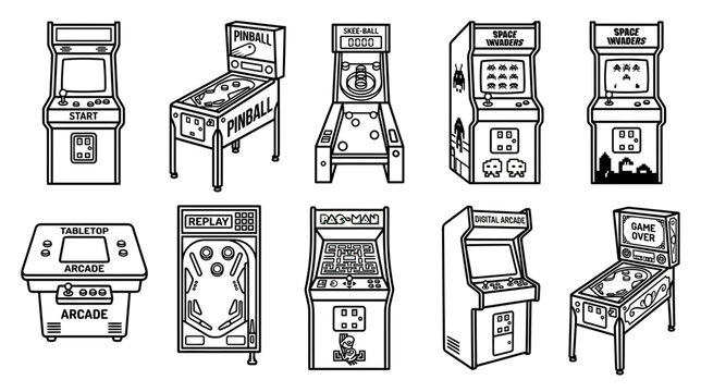 Retro Arcade and Pinball Machine Illustrations Set