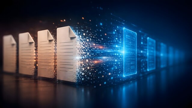 Physical paper documents transforming into glowing digital pixel streams concept of digital transformation and modern data archiving