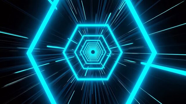 Futuristic blue neon hexagon tunnel