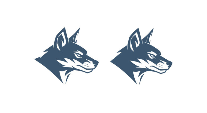 Dual Blue Wolf Head Silhouettes Facing Opposite Directions.