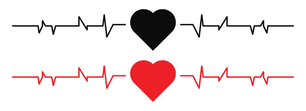 Heartbeat pulse ecg line vector icons set combined with linear and filled heart shapes for medical clinic hospital identity health care monitoring insurance and cardiology pulse design