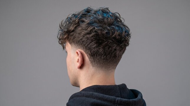 Modern curly perm for men with low taper fade, stylish male perm hairstyle with blue highlights, professional barbershop hair styling on gray background