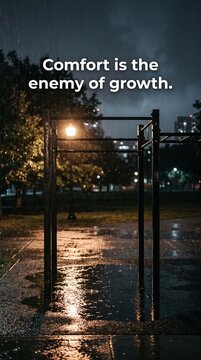 Motivational quote comfort is the enemy of growth, outdoor calisthenics gym in the rain at night, dark moody fitness inspiration for social media