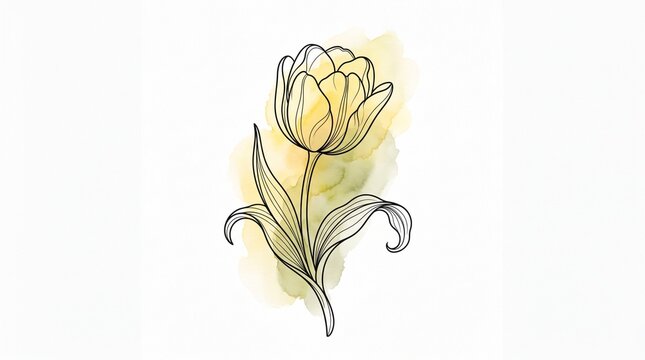 Minimalist yellow tulip watercolor illustration, elegant floral line art on white background, delicate spring flower sketch for greeting cards