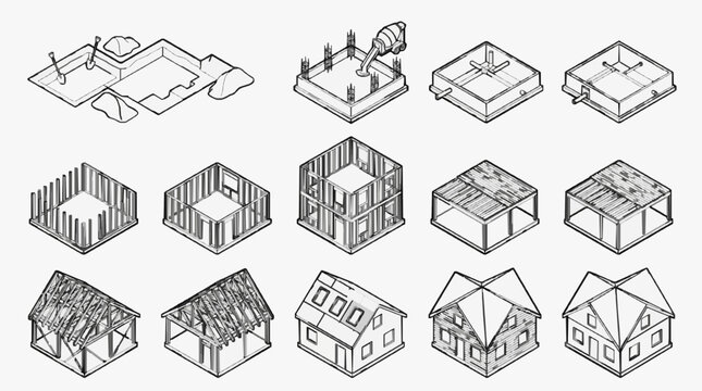 Corporate Isometric Set Showing Stages of Modern House Construction Process in Black and White Line Art