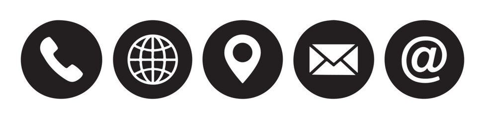 Contact icons phone globe map email and at symbol in black circles on grey background. © Sumon