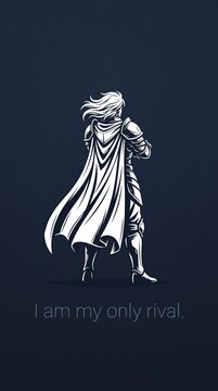 Medieval knight warrior in silver armor, heroic fantasy fighter with flowing cape, motivational quote poster with I am my only rival text