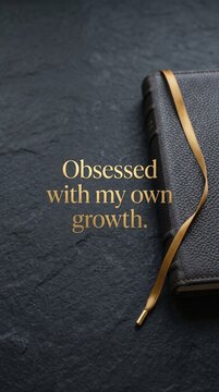 Inspirational self growth quote obsessed with my own growth typography on textured slate background with elegant leather journal and gold ribbon vertical mobile background