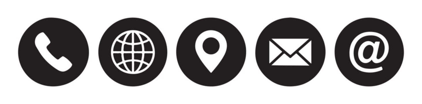 Contact icons phone globe map email and at symbol in black circles on grey background.