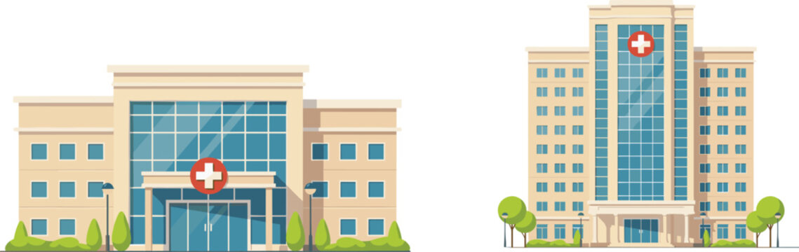 Hospital building vector set featuring modern medical clinic facades with cross symbols glass windows and trees in flat cartoon architectural design style
