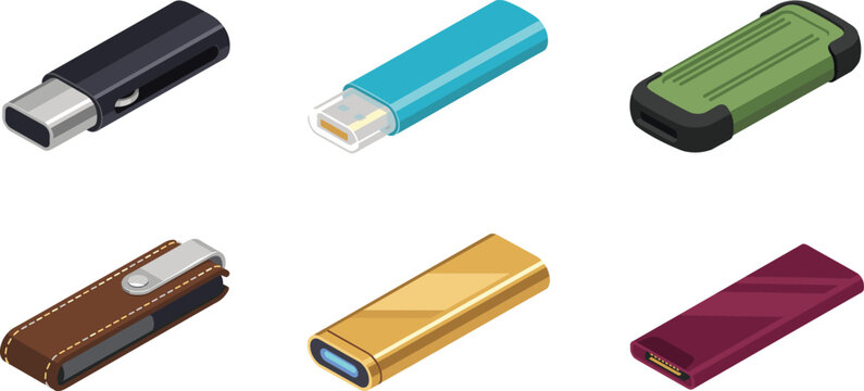 Isometric USB flash drive vector icon set featuring portable memory sticks rugged storage external hard drive data transfer and tech hardware collection.
