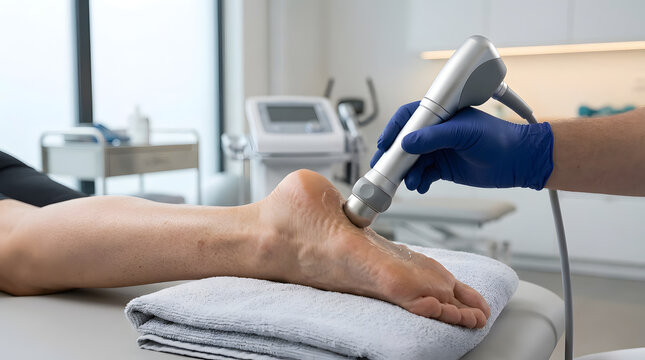 Close-up of a healthcare provider applying extra-corporeal shockwave therapy (ESWT) to a patient's heel using a specialized device probe during a clinical podiatry or physical therapy treatment