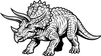 Detailed triceratops dinosaur line art for coloring. © ombg