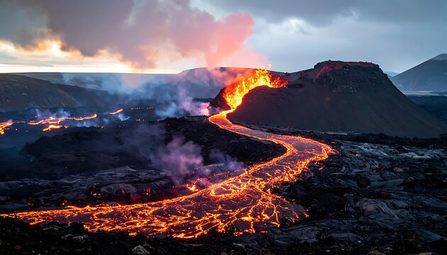Fiery lava stream flows through volcanic landscape (1)