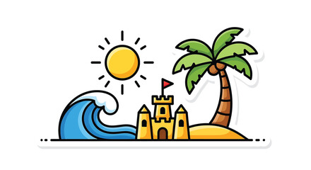 Colorful cartoon sand castle beach scene. © Dedek