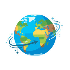 Fototapeta premium A colorful cartoon globe features continents and swirling arrows around it.