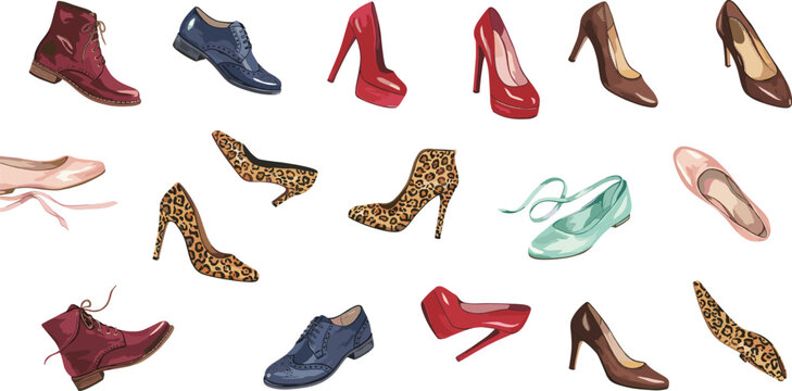 Women shoe vector collection featuring high heels ankle boots flat pumps oxford shoes and leopard print stiletto heels for fashion design illustrations