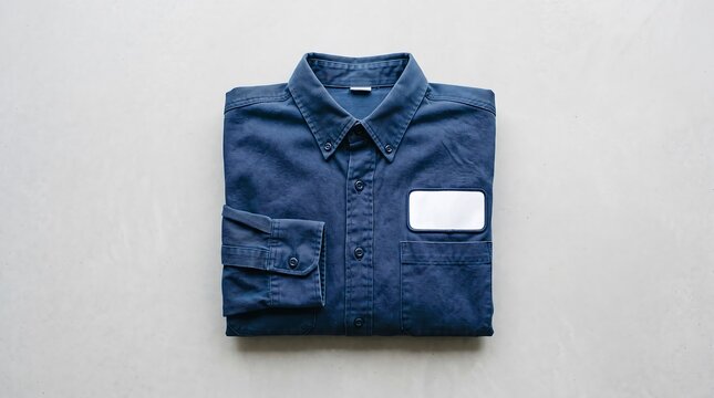 Folded Blue Collar Work Shirt with Blank Name Patch Mockup