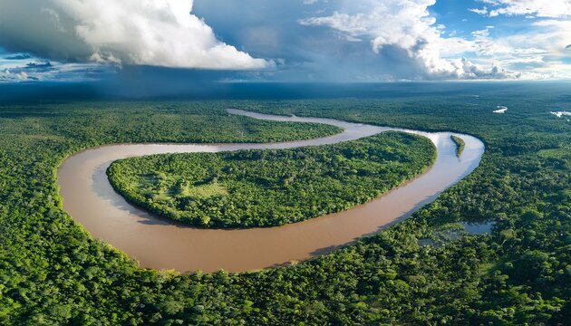 aerial view of the amazonas jungle landscape with river bend