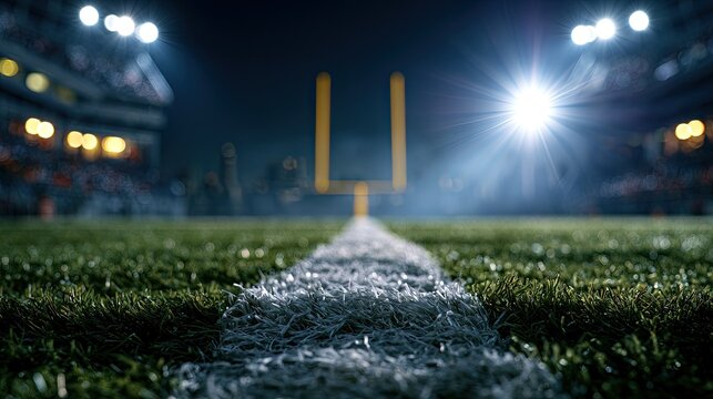 Stadium lights illuminate a football field at night, highlighting a goalpost