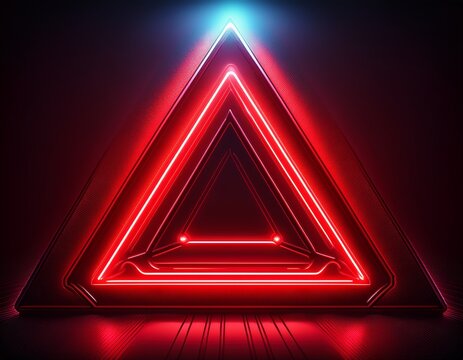 glowing neon red triangle warning sign on dark background