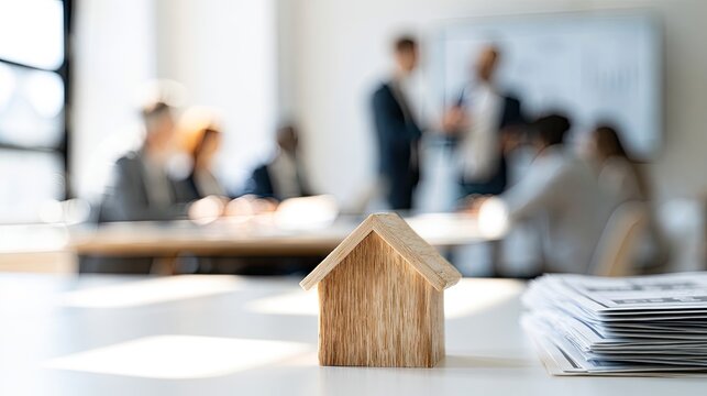 Tiny wooden house sits on a table in front of a blurred business meeting