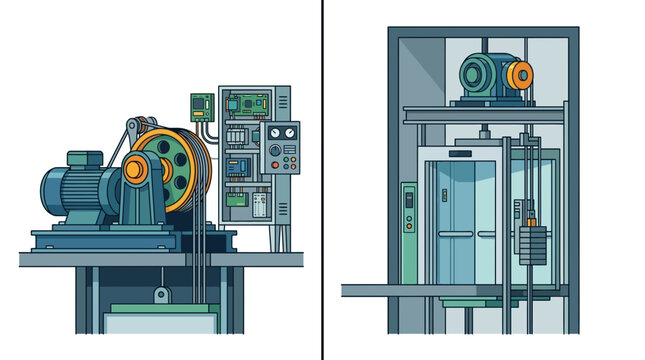 Industrial elevator hoisting system and mechanical motor room diagram illustration