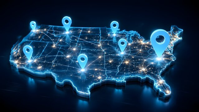 Glowing 3D USA map with blue location pins and connecting network lines representing nationwide logistics and digital communication