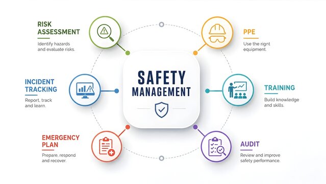 Modern safety management infographic displaying risk assessment training PPE and emergency plan icons for occupational health strategy