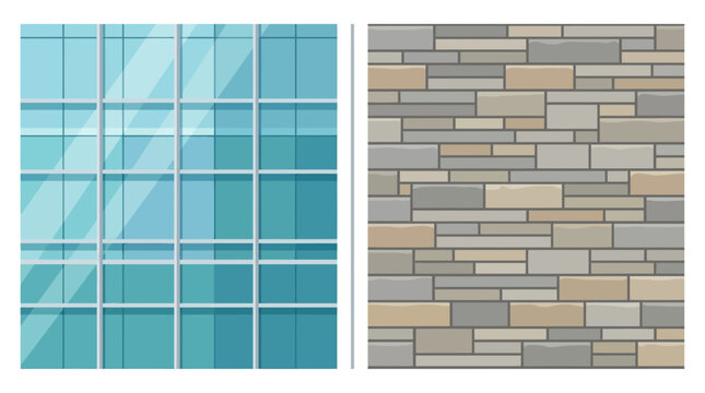 Modern architectural textures featuring blue glass facade and stone wall pattern